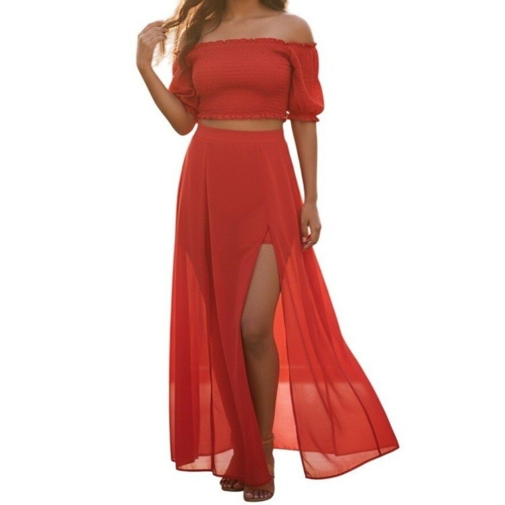 🆕 MISS AVENUE Bright Orange 2 Piece Set Off Shoulder Crop Top Maxi Skirt NWOT S